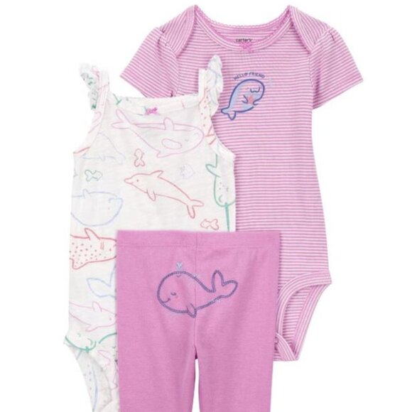 NWT Carter's Baby 3-Piece Pink Stripe Whale Little Character Set - Picture 1 of 7